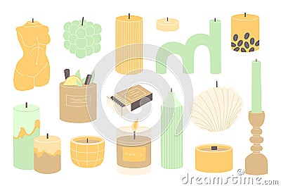 Set of various scented candles different colors and shapes Vector Illustration